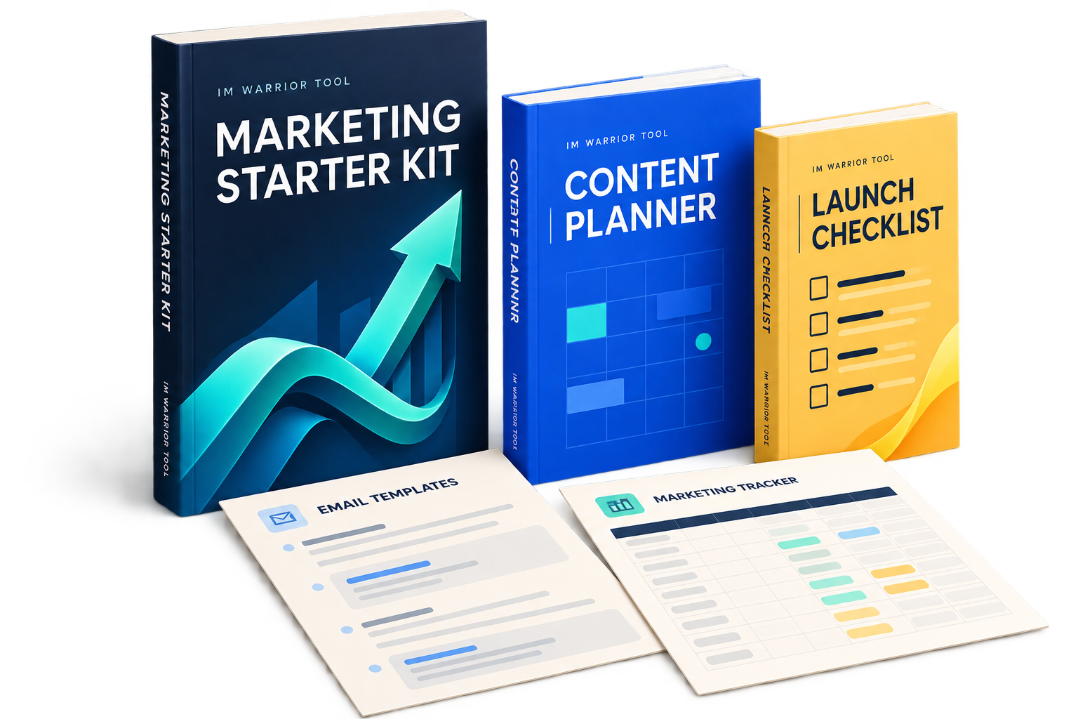 The five-part IM Warrior Tool digital starter bundle, illustrated as guides, worksheets and templates